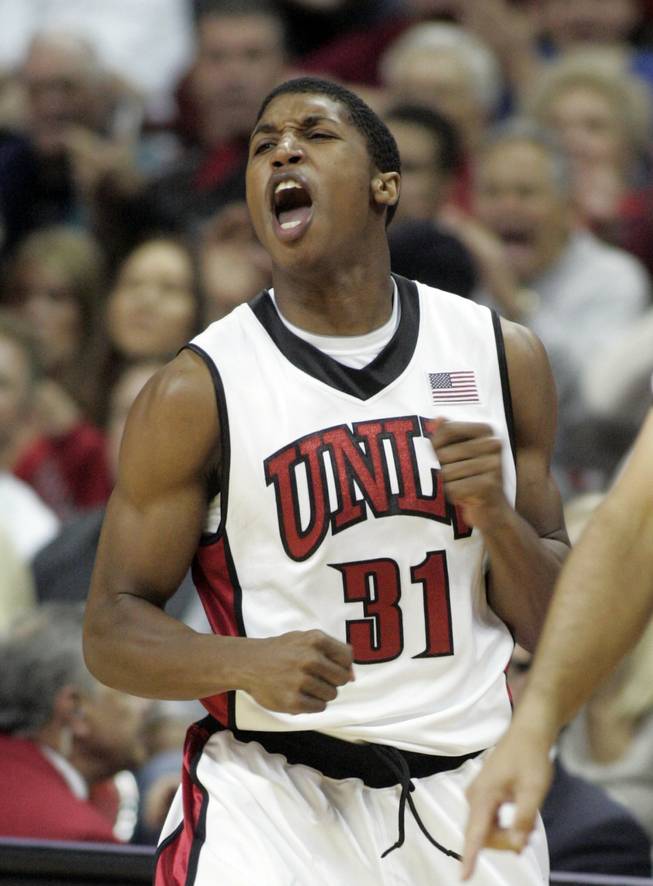 UNLV guard Justin Hawkins celebrates a turnover against UNR during the second half on Wednesday, Nov. 18, 2009 at the Thomas & Mack Center. UNLV won the intrastate rivalry, 88-75.