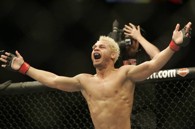 Josh Koscheck reacts to the crowd after choking out Anthony Johnson during UFC 106 Saturday, November 21, 2009 at the Mandalay Bay Events Center.