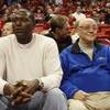 UNLV basketball legends Larry Johnson and Jerry Tarkanian sit behind the bench Saturday night before the Rebels game against Southern Illinois at the Thomas & Mack Center. UNLV basketball legends Larry Johnson and Jerry Tarkanian sit behind the bench Saturday night before the Rebels game against Southern Illinois at the Thomas & Mack Center.