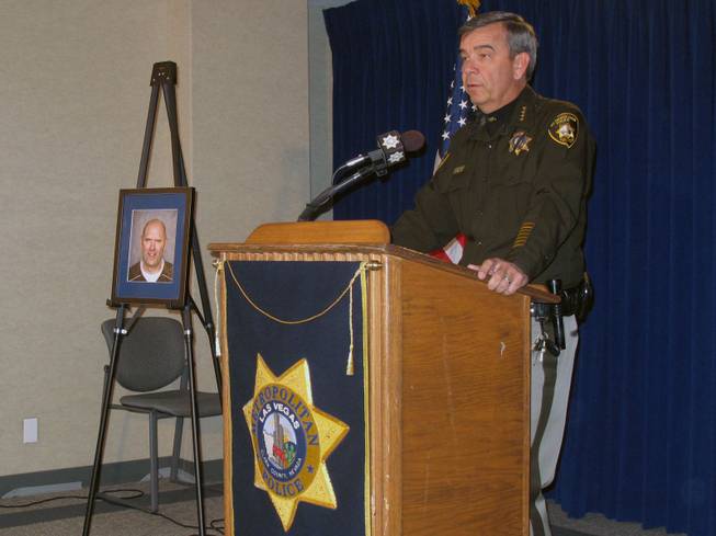 Sheriff Doug Gillespie speaks at a press conference Saturday about the death of Corrections Officer Daniel Leach, who died in a car crash near Searchlight Saturday morning.