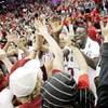 UNLV forward Brice Massamba and the rest of the Rebels celebrate their 76-71 win against 16th-ranked Louisville on Saturday at the Thomas & Mack. It was the Rebels' second defeat of the Cardinals in two years.
UNLV forward Brice Massamba and the rest of the Rebels celebrate their 76-71 win against 16th-ranked Louisville on Saturday at the Thomas & Mack. It was the Rebels' second defeat of the Cardinals in two years.