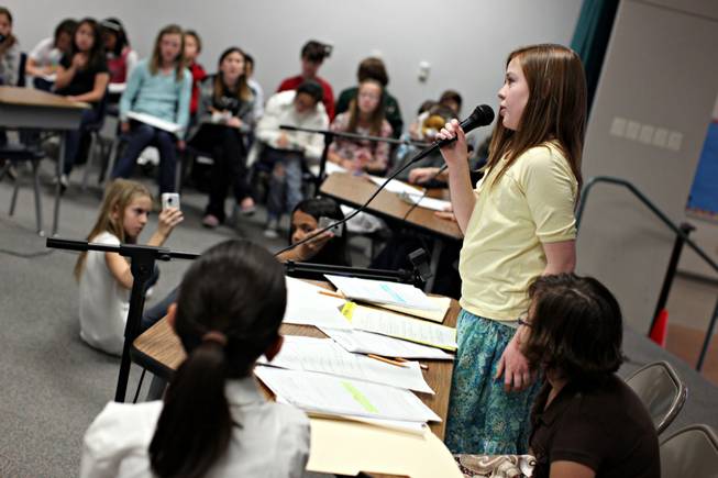 Fifth-grader Caroline Hawley, 11, acts as a prosecutor making her closing argument Tuesday during a mock trial staged by Gifted and Talented Education students at Heckethorn Elementary School. 