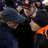 BYU head coach Bronco Mendenhall and Oregon St. head coach Mike Riley shake hands after the Cougars won 44-20 in the MAACO Bowl Las Vegas Tuesday at Sam Boyd Stadium.