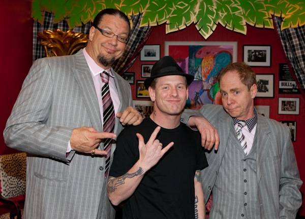 Slipknot lead singer Corey Taylor visits with Penn & Teller before they perform at The Penn & Teller Theater in The Rio on Dec. 29, 2009. 