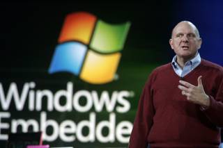 Microsoft CEO Steve Ballmer speaks Wednesday during the keynote address at the Consumer Electronics Show at the Hilton Center.