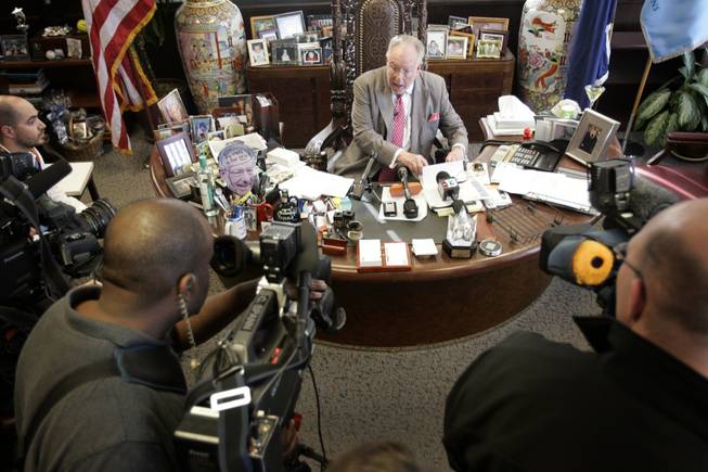 Mayor Oscar Goodman holds a press conference inside his downtown Las Vegas office Tuesday, Feb. 2, 2010. Goodman was upset about the following statement made by President Obama: "When times are tough, you tighten your belts," Obama said. "You don't go buying a boat when you can barely pay your mortgage. You don't blow a bunch of cash in Vegas when you're trying to save for college."