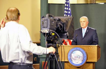 Gov. Jim Gibbons prepares to give his state of the state speech upstairs in the Capitol building in Carson City on Monday, Feb. 8, 2010.