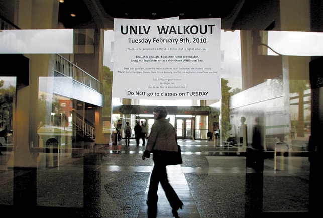 
A flier advertises a student walkout at UNLV to protest proposed budget cuts. Organizers are asking students to gather at 10 a.m.
