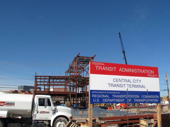 Work continues on the new Bonneville Transit Center in downtown Las Vegas. The transit center is one of the projects in Nevada funded by the federal stimulus act.