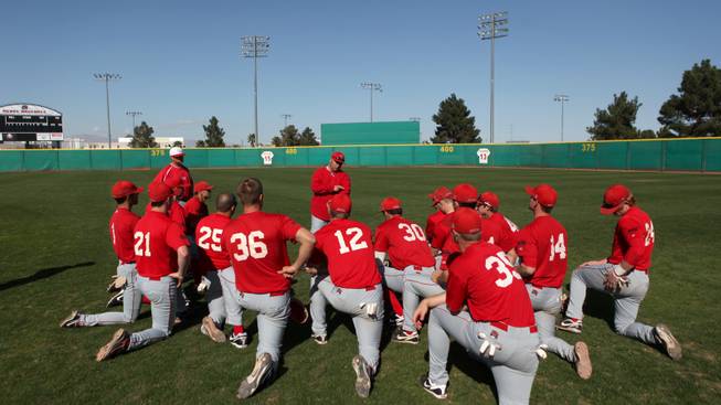 UNLV baseball coach Buddy Gouldsmith instructs his team during practice at Earl E. Wilson Stadium Wednesday.  The Rebels open up the season Friday against Sacramento State.