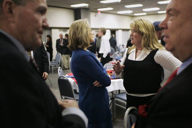 Senate candidate Sue Lowden talks with Leslie Beach after a Lincoln Day dinner in Fallon Saturday, February 20, 2010.