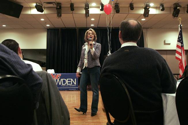 Senate candidate Sue Lowden speaks to a Lincoln Day breakfast crowd in Lovelock while on a campaign swing through northern Nevada Sunday, February 21, 2010.