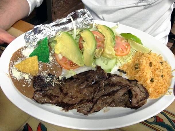 The restaurant serves more than gorditas. This carne asada plate is a generous meal for one. 
