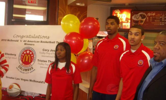 The three high school basketball players from Las Vegas area schools who were selected for the McDonald's All-American team were honored Monday during a ceremony at a Green Valley McDonald's. They are, from left, Aaryn Ellenberg of Bishop Gorman High, and Findlay Prep's Tristan Thompson and Cory Joseph. Also pictured is Charvez Foger, a representative from Sen. Harry Reid's office. 