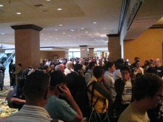 Fans wait outside the Media Center at the Gaylord Texan, where Manny Pacquiao worked out for more than 90 minutes.