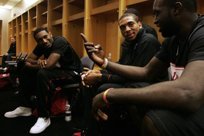 UNLV players Darris Santee (left), Anthony Marshall and Brice Massamba (right) chat in the locker room on March 17, 2010, before practice for the first round of the NCAA Basketball Championships at the Ford Center in Oklahoma City.