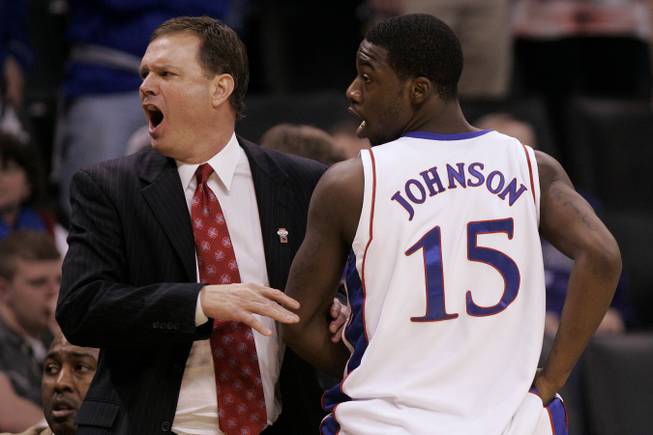 Kansas coach Bill Self yells for another sub as he puts in guard Elijah Johnson during the final minute of their first round NCAA Basketball Tournament game against Lehigh Thursday, March 18, 2010 at the Ford Center in Oklahoma Ctiy. 