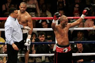 Bernard Hopkins celebrates after the end of the 12th round of his rematch with Roy Jones Jr. on Saturday at the Mandalay Bay Events Center. Hopkins won a unanimous decision over Jones, who beat him in 1993.