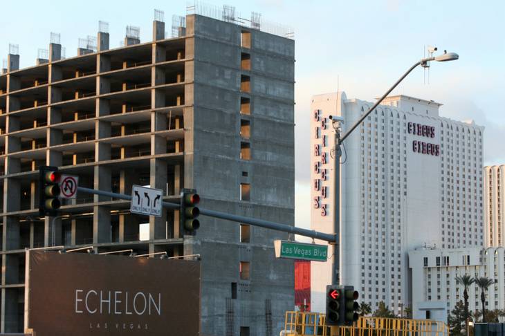 Boyd Gaming's unfinished Echelon sits vacant on the Strip.