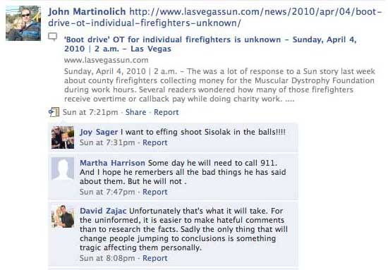 This screenshot shows a threat made to County Commissioner Steve Sisolak.