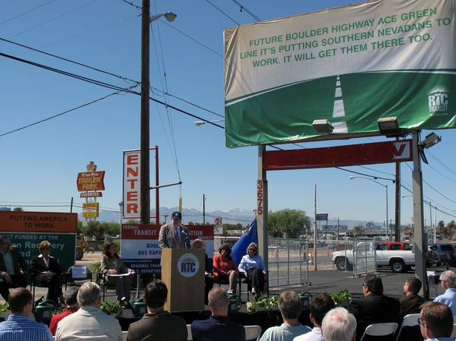 Las Vegas Mayor Oscar Goodman speaks Thursday at the groundbreaking of the new ACE Green Line on Boulder Highway.