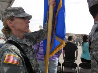 A member of the Honor Guard bears the Nevada State Flag during the 137 Military Police Detachment Mobilization Ceremony at Floyd Edsall Armory Sunday Morning. The Henderson-based unit, which will perform basic law enforcement duties in a NATO-controlled region of Afghanistan, will be deployed into active duty this week.