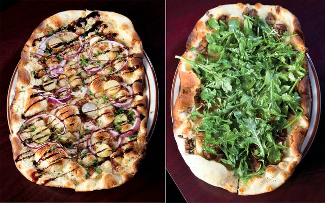 The Alsatian Flatbread (rosemary goat cheese crema, bacon, pine nuts, shaved onion, balsamic drizzle) and the Bistecca Flatbread (marinated steak, mushrooms, truffle vinaigrette, arugula salad, lemon, Parmesan) from Herbs and Rye.