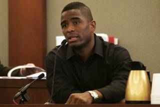 Former Oakland Raiders wide receiver Javon Walker testifies April 14 in Clark County District Court at the trial of Deshawn Thomas,  who is charged in connection with the beating and robbery of Walker.