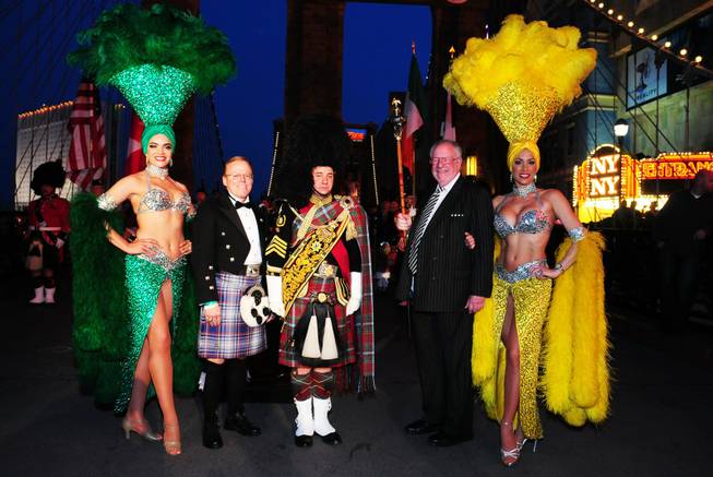 State Sen. Dennis Nolan (in kilt), Mayor Oscar Goodman, and showgirls help promote the 2011 Las Vegas International Celtic Festival.