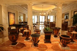 Grecian-style vases sit on a table in the entryway of the Greek villa at Caesars Palace's Octavius Tower. The villa is one of three in the Octavius Tower and is nearly 10,000 square feet.