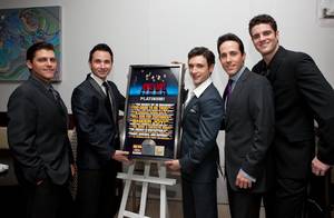 Deven May, Travis Cloer, Rick Faugno, Jeff Leibow and Peter Saide celebrate <em>Jersey Boys</em>' second anniversary on The Strip with a platinum record commemoration at the Palazzo on April 24, 2010.
