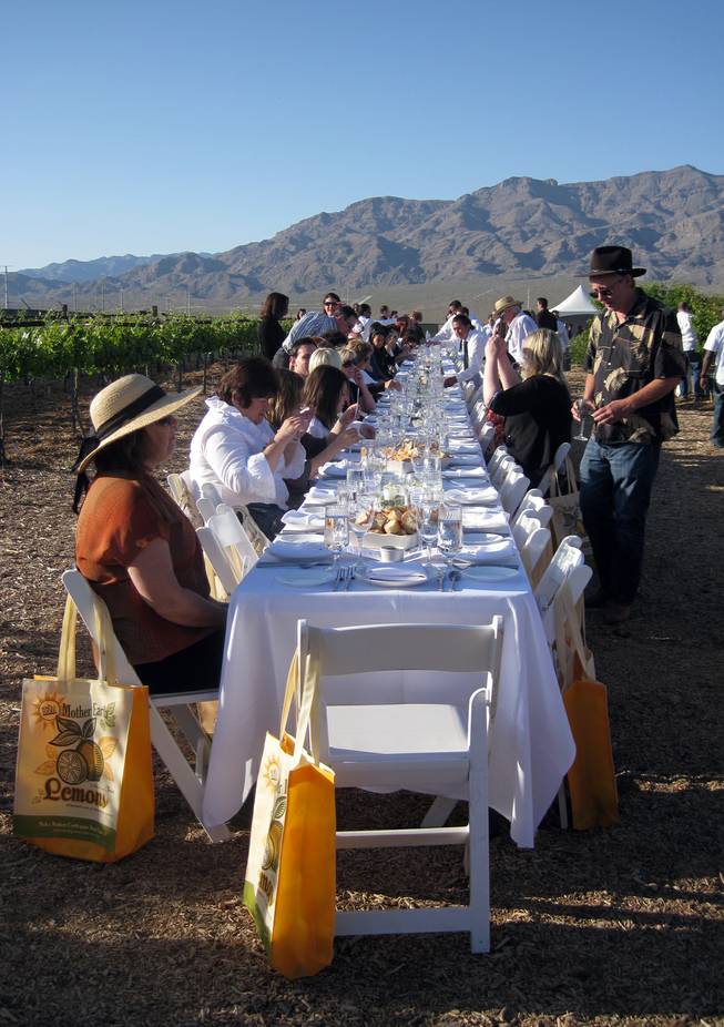 More than 100 guests gathered at one elegantly set table for Project Dinner Table's first go-round April 24, 2010 at the University of Nevada Cooperative Extension orchard in North Las Vegas.