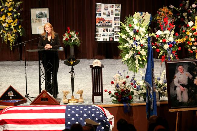 Suzy Deutch, mother of slain Nye County Deputy Ian Michael Deutch, speaks during his funeral May 1 at Canyon Ridge Church in Las Vegas.