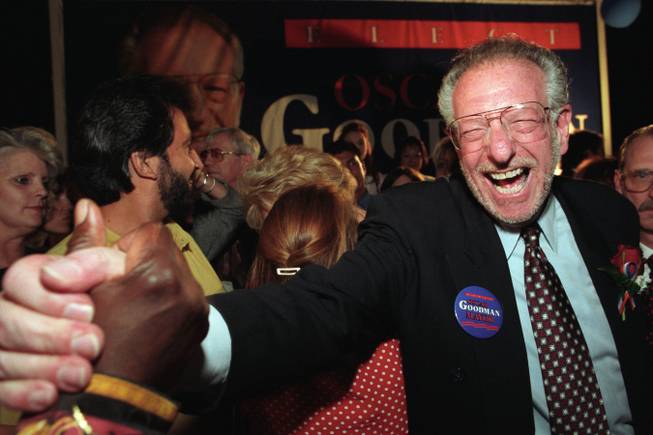 Oscar Goodman celebrates his landslide victory over Arnie Adamsen in the Las Vegas mayoral election June 8, 1999.