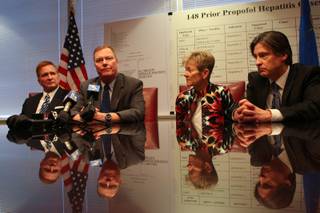 Henry Chanin answers questions from the news media regarding his physical health during a press conference following an award of $500 million in punitive damages Friday, May 7, 2010.  Seated from left, attorney Robert Eglet, Henry Chanin, Lorraine Chanin and attorney Will Kemp.