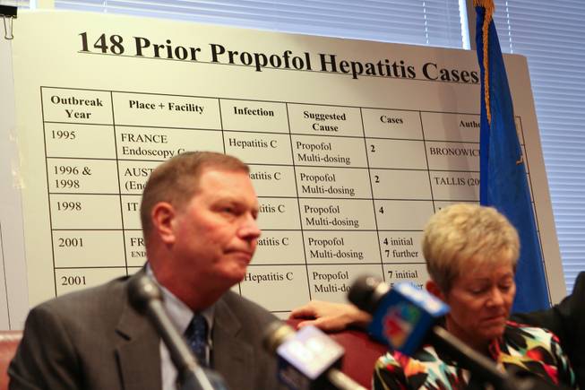 A poster illustrating 148 hepatitis cases linked to the drug Propofol hangs behind Henry and Lorraine Chanin during their press conference following an award of $500 million in punitive damages Friday, May 7, 2010.