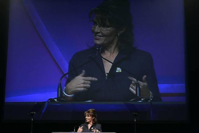 Fox television commentator Sarah Palin delivers a keynote address to the International Council of Shopping Centers convention Sunday, May 23, 2010.