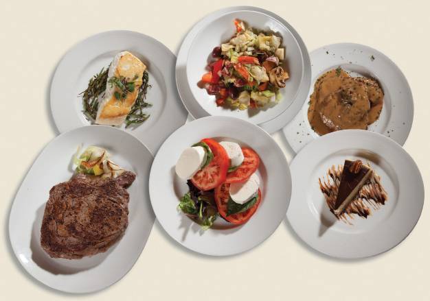Clockwise from top left: Alaskan halibut, Chicago-style garbage salad, steak Diane, pecan crunch cheesecake, insalata caprese, T-bone steak.