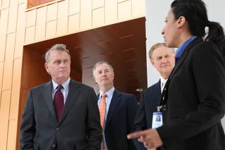 Las Vegas Chamber of Commerce CEO Matthew Crosson, from left, LVCC State Policy Task Force Chairman Steve Hill and CCSD Superintendent Walt Rulffes listen to Principal Felicia Nemcek while taking a tour of the campus of Southwest Career & Technical Academy Thursday, May 27.