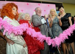 Tempest Storm, Dixie Evans, Mayor Oscar Goodman, Holly Madison and reigning Miss Exotic World and Las Vegas resident Kalani Kokonuts during the ribbon-cutting ceremony for the Burlesque Hall of Fame Museum Grand Opening at Emergency Arts on East Fremont Street on June 4, 2010.