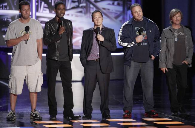 From left, Adam Sandler, Chris Rock, Rob Schneider, Kevin James and David Spade present the award for best female performance at the MTV Movie Awards in Universal City, Calif., on Sunday, June 6, 2010.  (AP Photo/Matt Sayles)