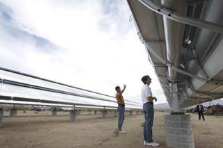 Jim Howard, left, and Dave Panish, independent engineering consultants fron orange County, look over the Skyline Solar facility in Nipton, Calif. Friday, June 11, 2010.  The 80 kilowatt power plant will provide 85% of Nipton's electricity needs.