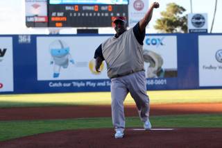Major League Baseball Hall of Famer and current San Diego State head baseball coach Tony Gwynn throws out the first pitch Friday just before the 51s took on the Sacramento River Cats at Cashman Field.