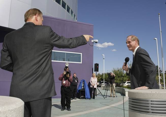 Tom Axtell, right, general manager of Vegas PBS, speaks during the official opening of the Educational Technology Campus on Flamingo Road on June 28.