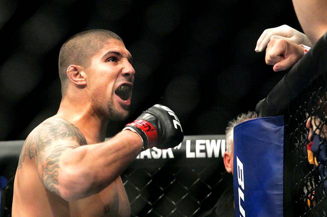 Brendan Schaub celebrates his win over Chris Tuchscherer  during their bout at UFC 116 Saturday, July 3, 2010.