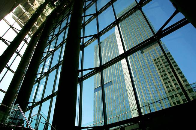 The soaring, 80-foot tall lobby area of Veer Towers frames the Mandarin Oriental at CityCenter.