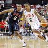 Russell Westbrook, left, covers Derrick Rose, right, during a USA Basketball men's national team exhibition game in Las Vegas, July 24, 2010.