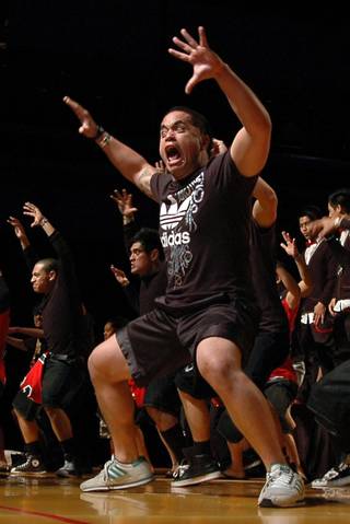 Members of New Zealand's Dziah 2.0 perform <em>haka</em>, a cultural dance of the Maori