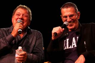 William Shatner and Leonard Nimoy address a crowd of thousands Saturday, Aug. 7, 2010, during the annual Star Trek Convention at the Las Vegas Hilton.