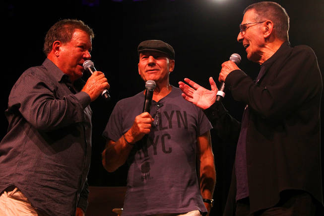 Sir Patrick Stewart (center) joins William Shatner (left) and Leonard Nimoy Saturday, August 7, 2010 during the annual STAR TREK Convention at the Las Vegas Hilton Hotel.